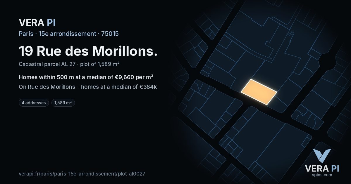 19 Rue des Morillons, 15e arrondissement at night – the plot lit, the parcels around coloured by the prices near them
