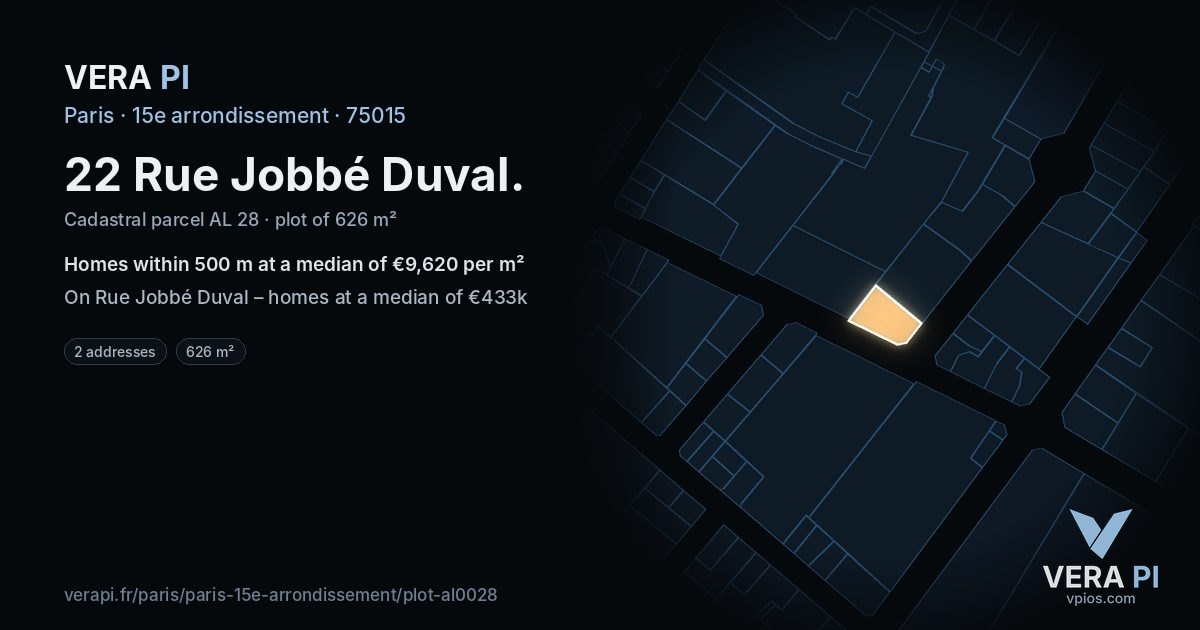 22 Rue Jobbé Duval, 15e arrondissement at night – the plot lit, the parcels around coloured by the prices near them