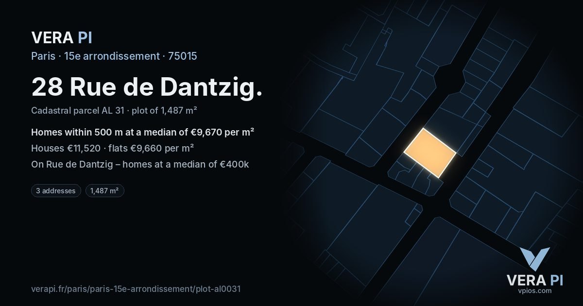 28 Rue de Dantzig, 15e arrondissement at night – the plot lit, the parcels around coloured by the prices near them