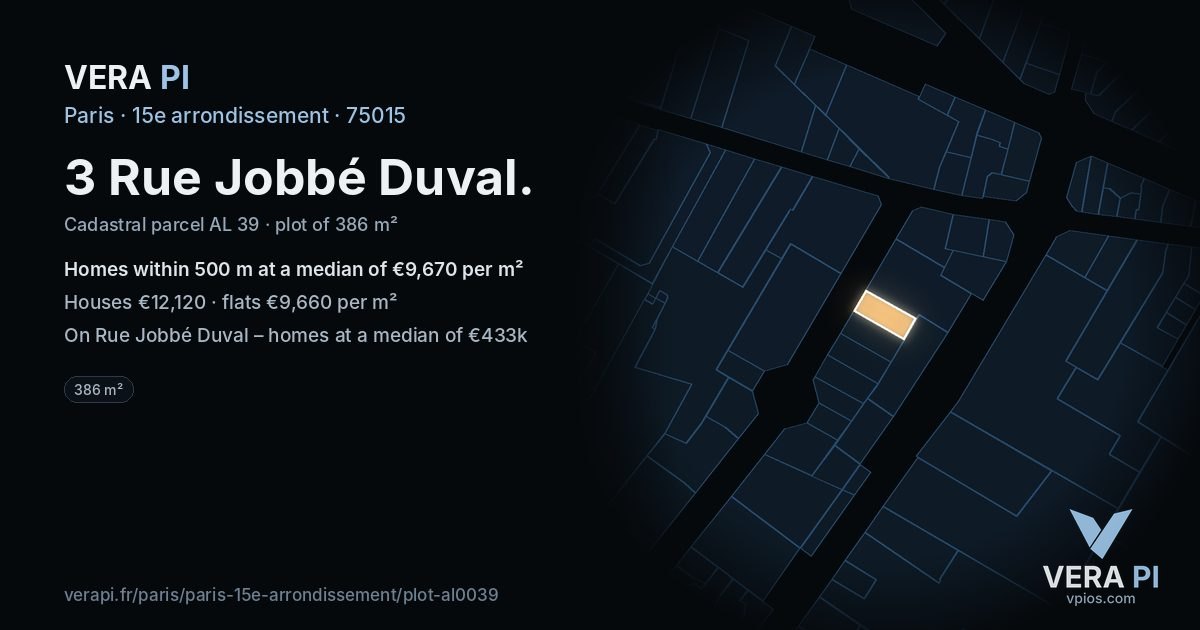 3 Rue Jobbé Duval, 15e arrondissement at night – the plot lit, the parcels around coloured by the prices near them
