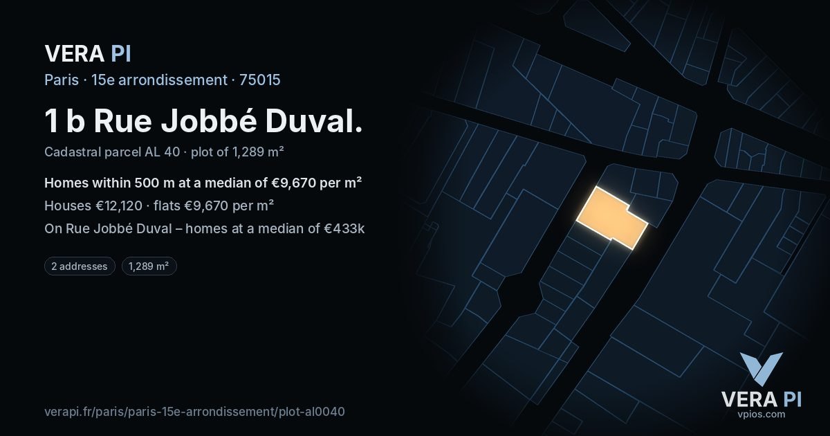 1 b Rue Jobbé Duval, 15e arrondissement at night – the plot lit, the parcels around coloured by the prices near them