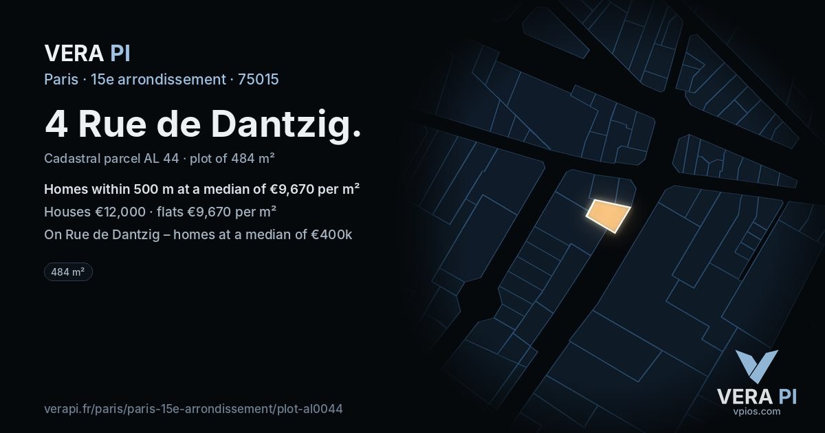 4 Rue de Dantzig, 15e arrondissement at night – the plot lit, the parcels around coloured by the prices near them