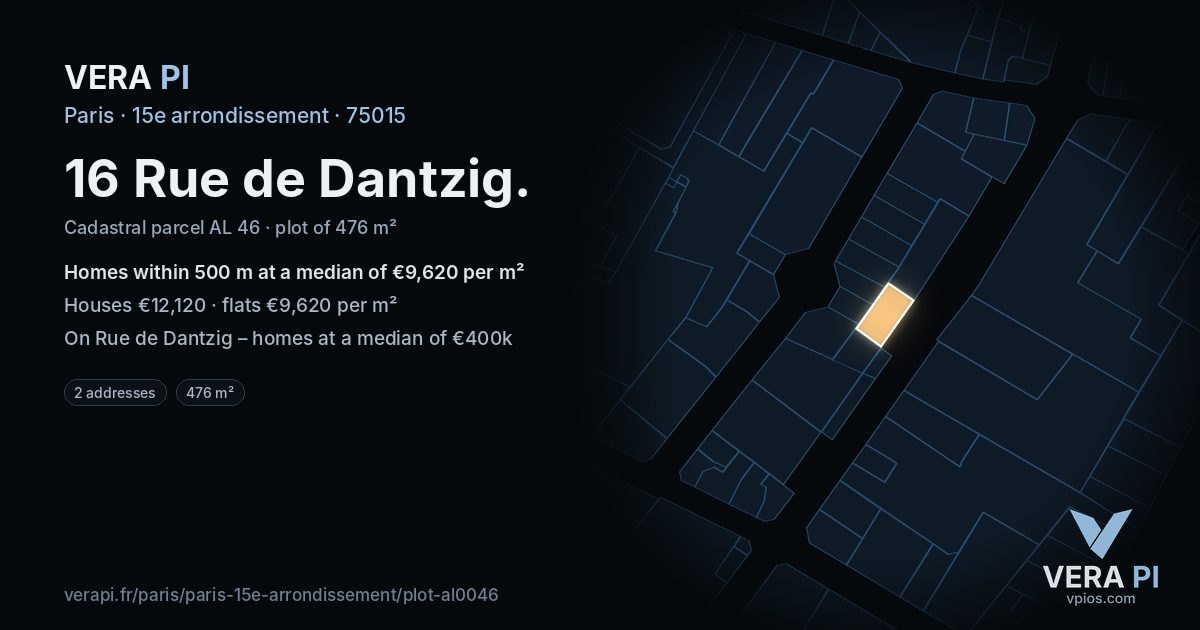16 Rue de Dantzig, 15e arrondissement at night – the plot lit, the parcels around coloured by the prices near them