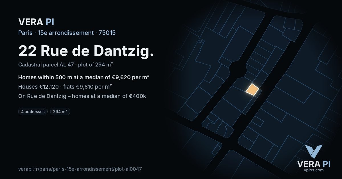 22 Rue de Dantzig, 15e arrondissement at night – the plot lit, the parcels around coloured by the prices near them