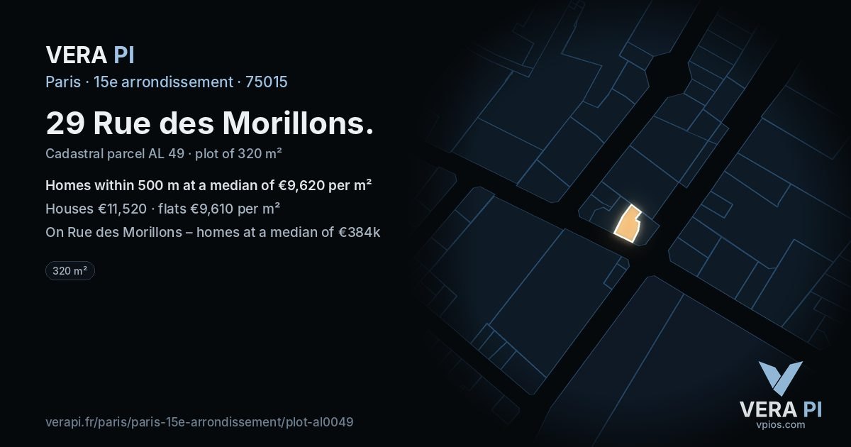 29 Rue des Morillons, 15e arrondissement at night – the plot lit, the parcels around coloured by the prices near them