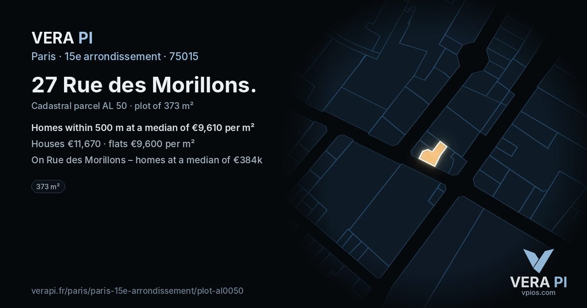27 Rue des Morillons, 15e arrondissement at night – the plot lit, the parcels around coloured by the prices near them