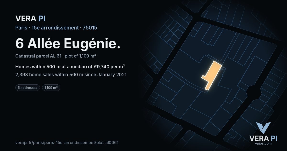 6 Allée Eugénie, 15e arrondissement at night – the plot lit, the parcels around coloured by the prices near them