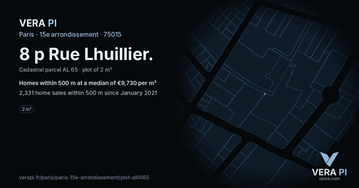 8 p Rue Lhuillier, 15e arrondissement at night – the plot lit, the parcels around coloured by the prices near them