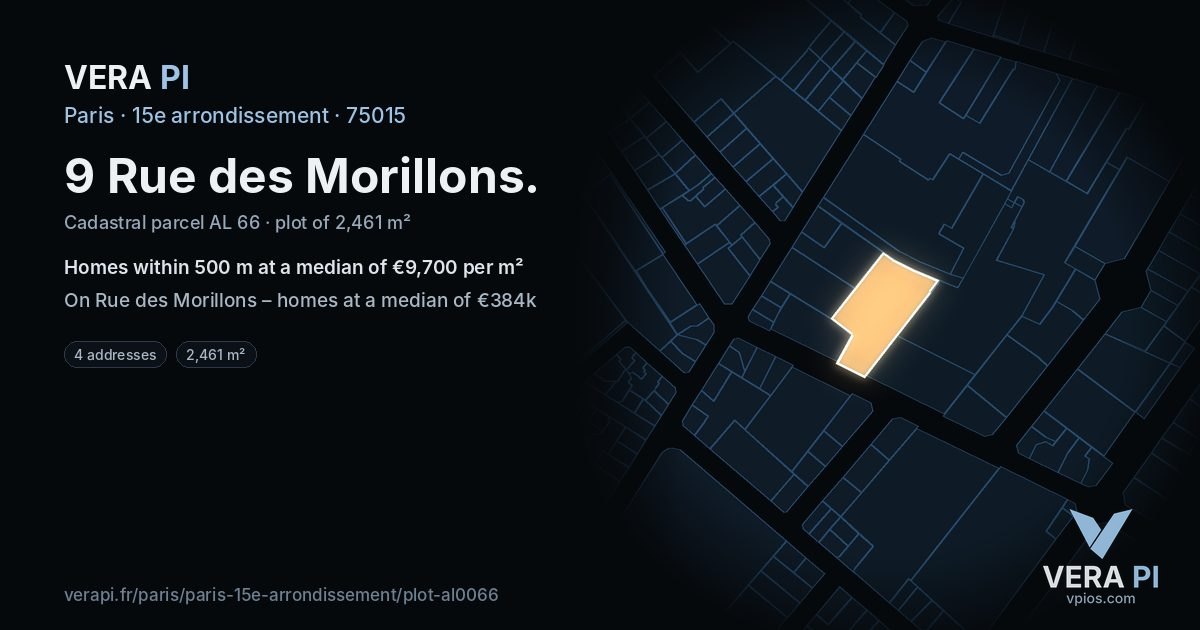 9 Rue des Morillons, 15e arrondissement at night – the plot lit, the parcels around coloured by the prices near them