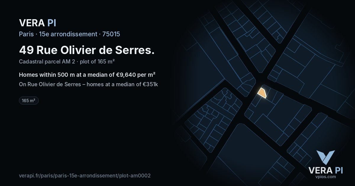 49 Rue Olivier de Serres, 15e arrondissement at night – the plot lit, the parcels around coloured by the prices near them