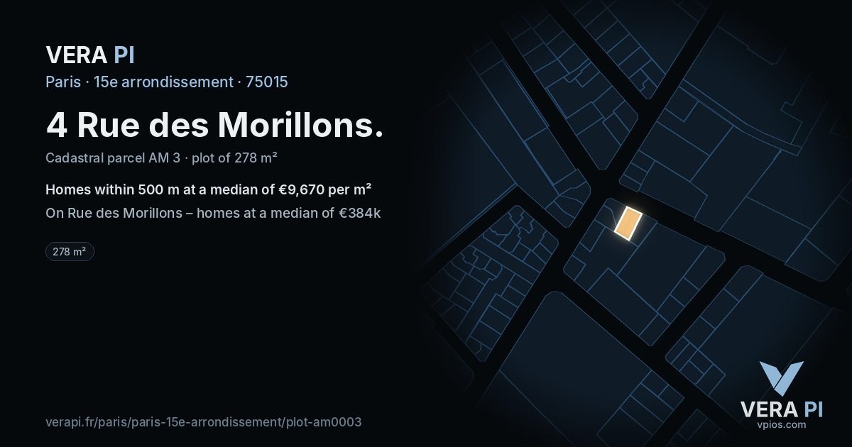 4 Rue des Morillons, 15e arrondissement at night – the plot lit, the parcels around coloured by the prices near them