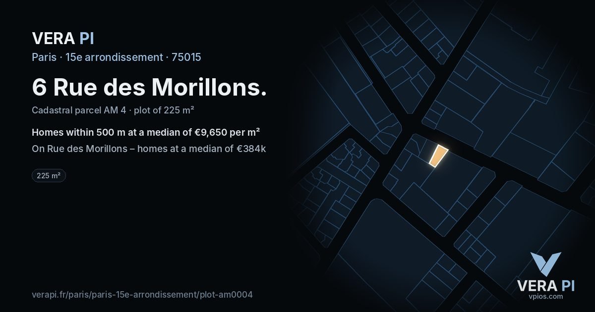 6 Rue des Morillons, 15e arrondissement at night – the plot lit, the parcels around coloured by the prices near them