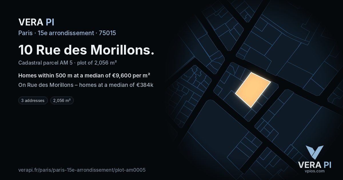 10 Rue des Morillons, 15e arrondissement at night – the plot lit, the parcels around coloured by the prices near them