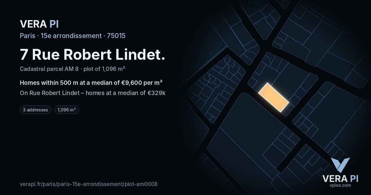 7 Rue Robert Lindet, 15e arrondissement at night – the plot lit, the parcels around coloured by the prices near them