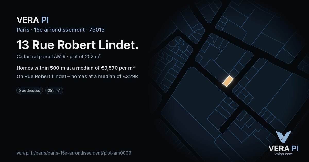 13 Rue Robert Lindet, 15e arrondissement at night – the plot lit, the parcels around coloured by the prices near them