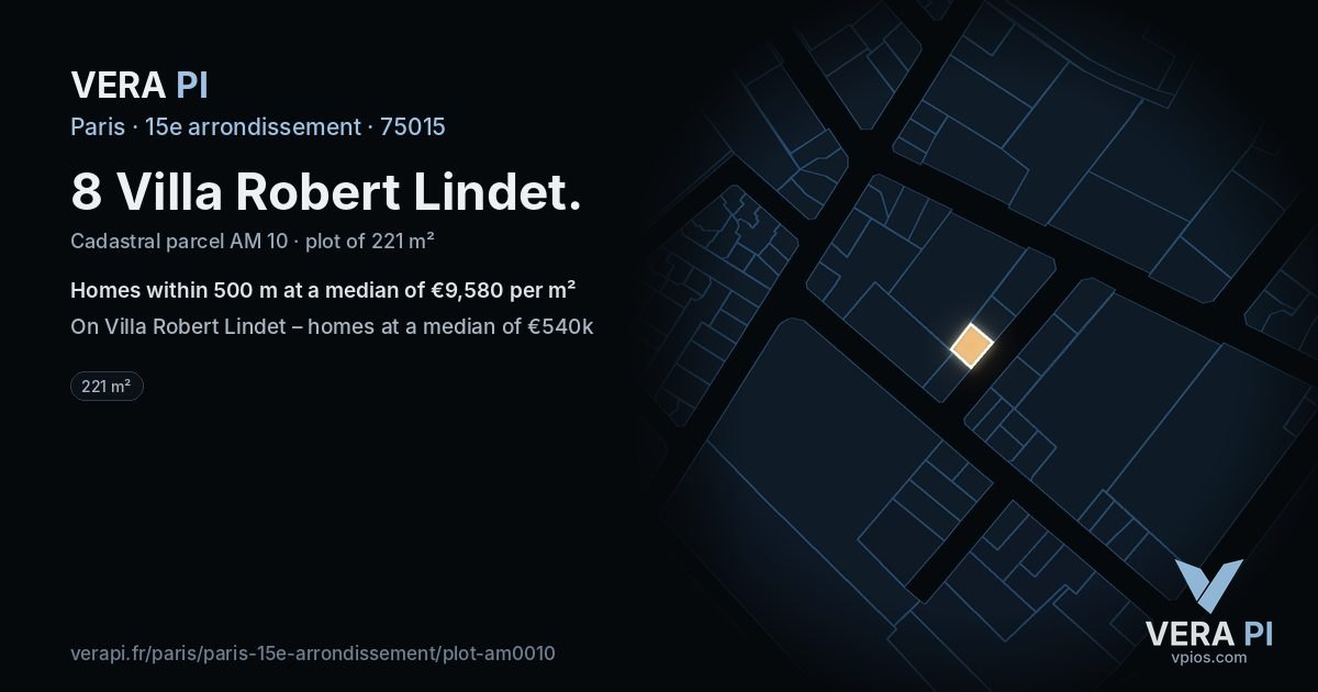 8 Villa Robert Lindet, 15e arrondissement at night – the plot lit, the parcels around coloured by the prices near them
