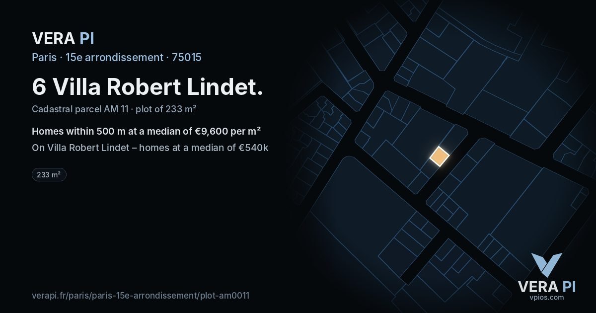 6 Villa Robert Lindet, 15e arrondissement at night – the plot lit, the parcels around coloured by the prices near them