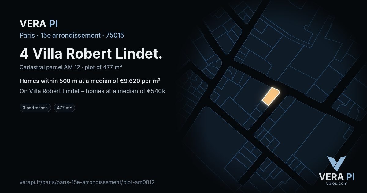4 Villa Robert Lindet, 15e arrondissement at night – the plot lit, the parcels around coloured by the prices near them