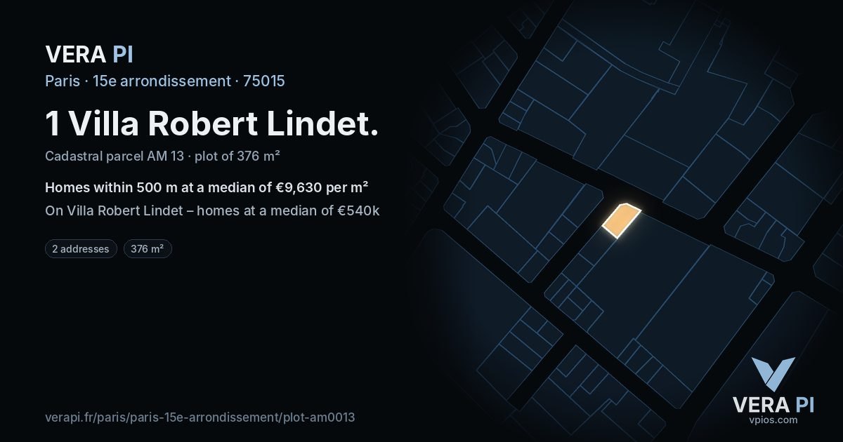 1 Villa Robert Lindet, 15e arrondissement at night – the plot lit, the parcels around coloured by the prices near them