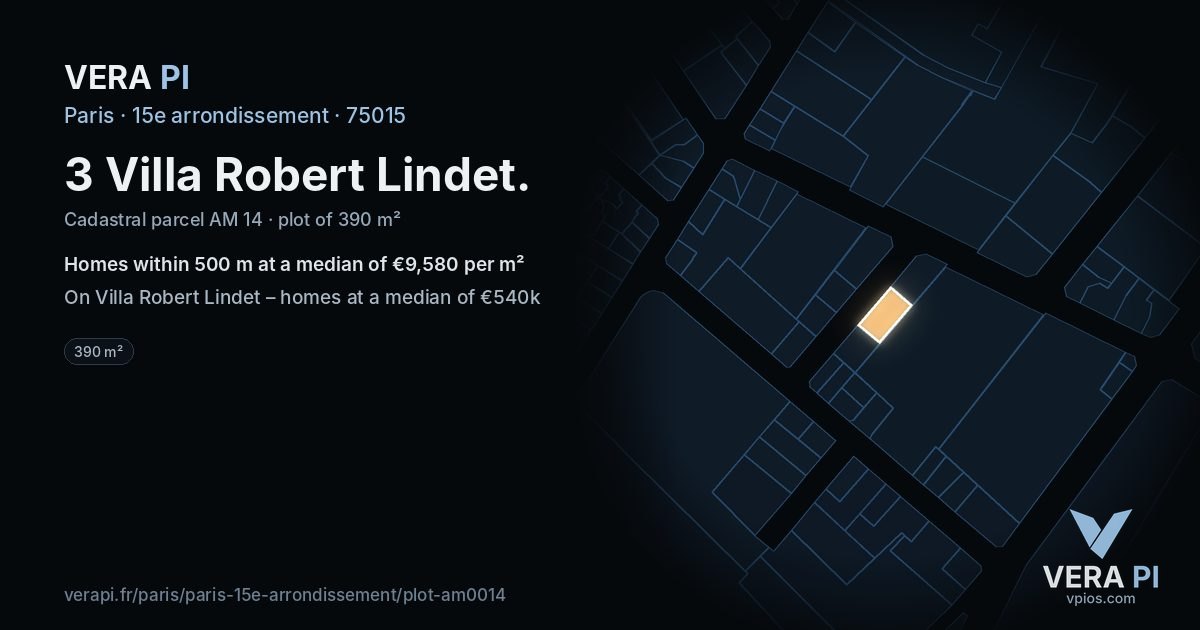 3 Villa Robert Lindet, 15e arrondissement at night – the plot lit, the parcels around coloured by the prices near them