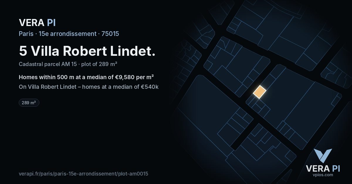 5 Villa Robert Lindet, 15e arrondissement at night – the plot lit, the parcels around coloured by the prices near them