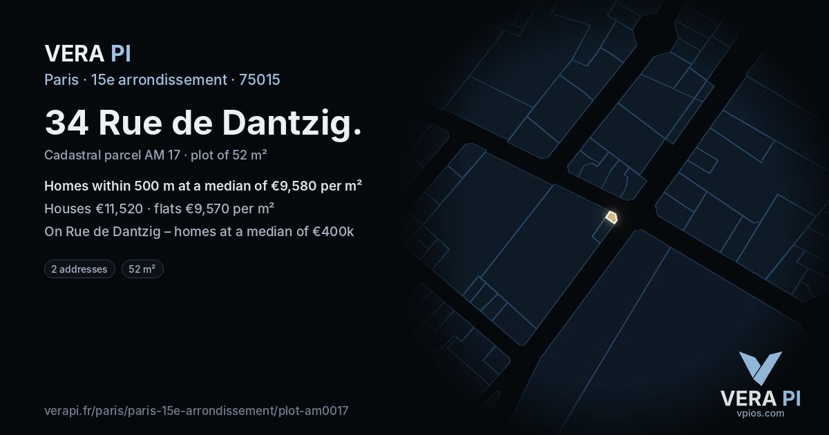 34 Rue de Dantzig, 15e arrondissement at night – the plot lit, the parcels around coloured by the prices near them