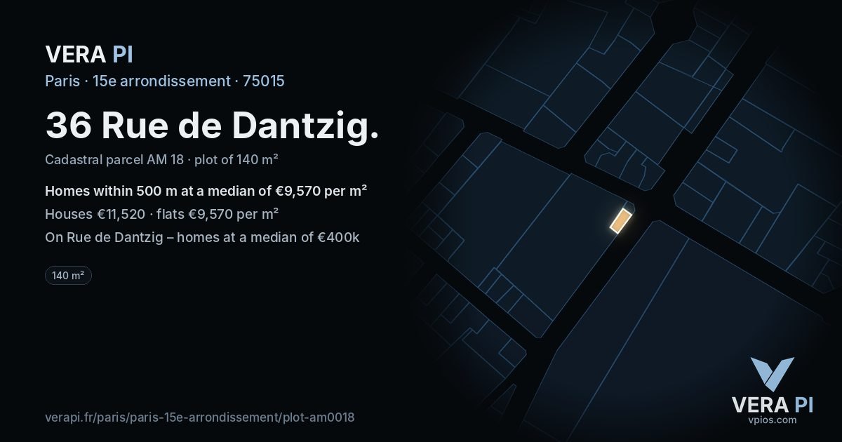 36 Rue de Dantzig, 15e arrondissement at night – the plot lit, the parcels around coloured by the prices near them