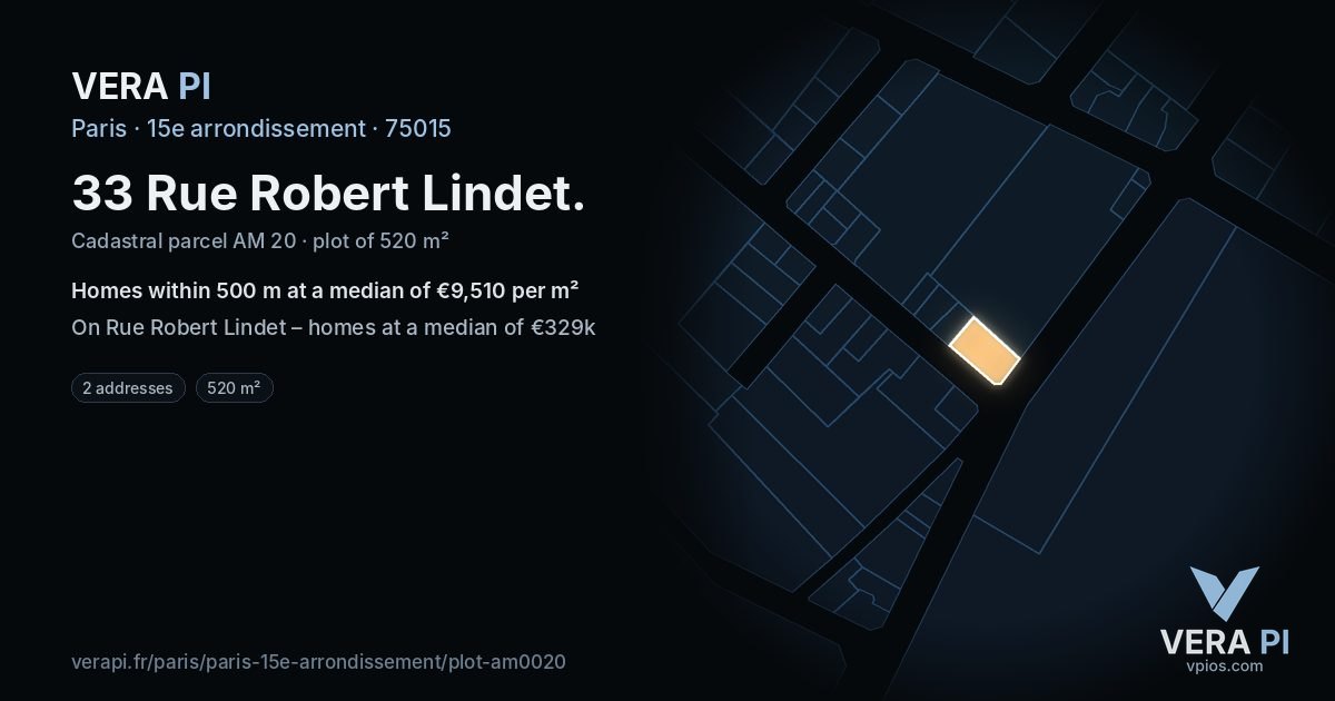 33 Rue Robert Lindet, 15e arrondissement at night – the plot lit, the parcels around coloured by the prices near them