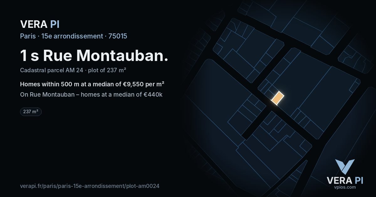 1 s Rue Montauban, 15e arrondissement at night – the plot lit, the parcels around coloured by the prices near them