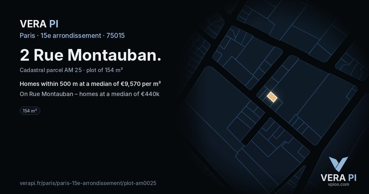 2 Rue Montauban, 15e arrondissement at night – the plot lit, the parcels around coloured by the prices near them