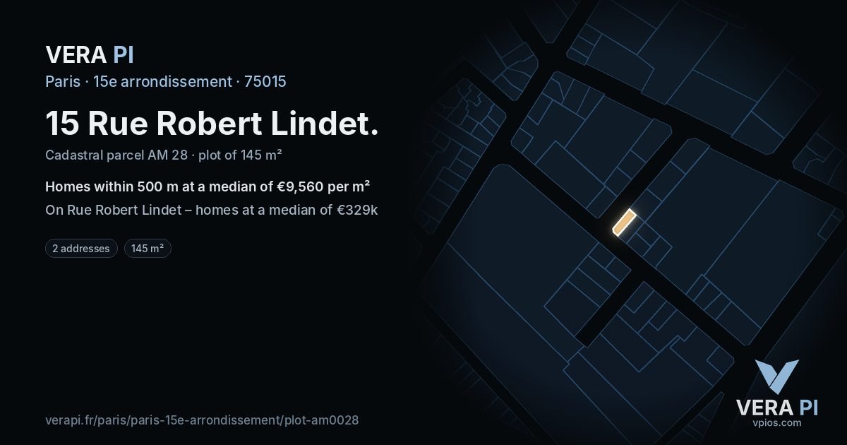15 Rue Robert Lindet, 15e arrondissement at night – the plot lit, the parcels around coloured by the prices near them
