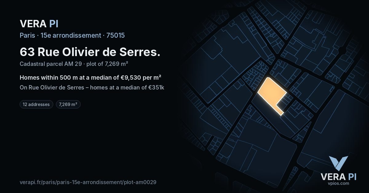63 Rue Olivier de Serres, 15e arrondissement at night – the plot lit, the parcels around coloured by the prices near them