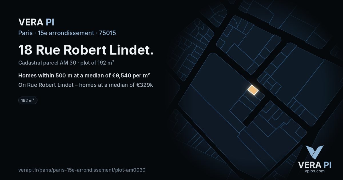 18 Rue Robert Lindet, 15e arrondissement at night – the plot lit, the parcels around coloured by the prices near them