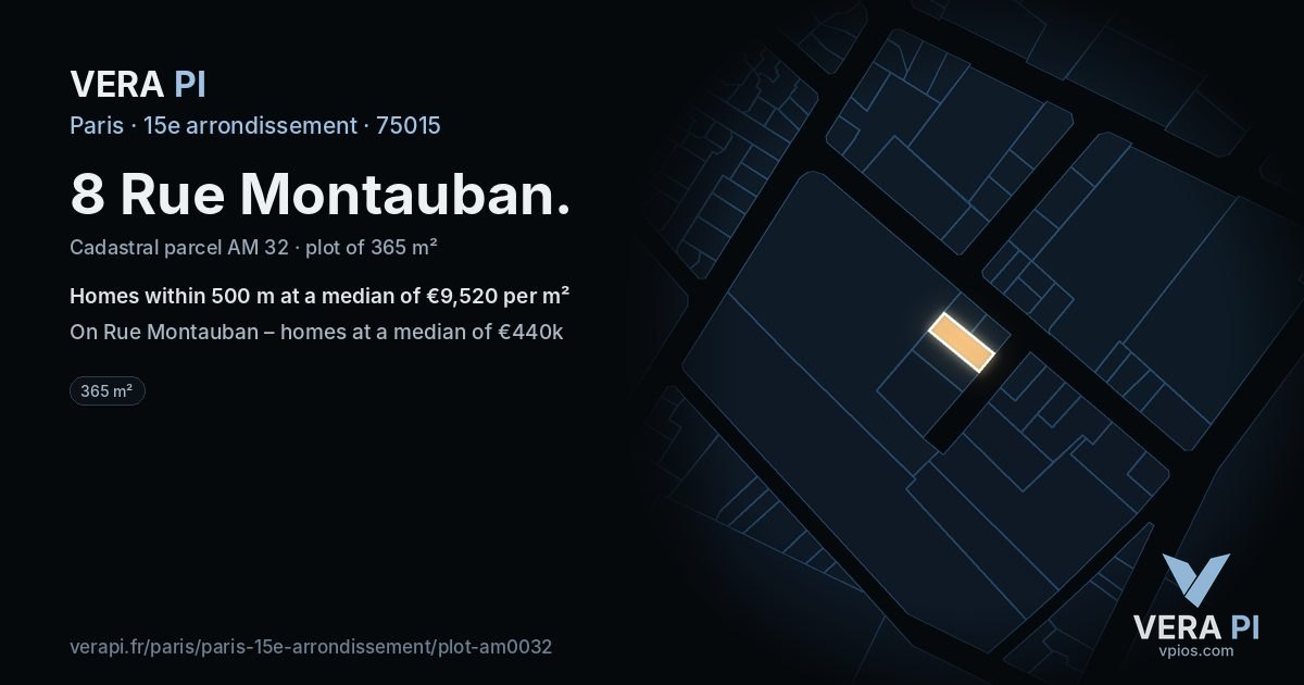 8 Rue Montauban, 15e arrondissement at night – the plot lit, the parcels around coloured by the prices near them
