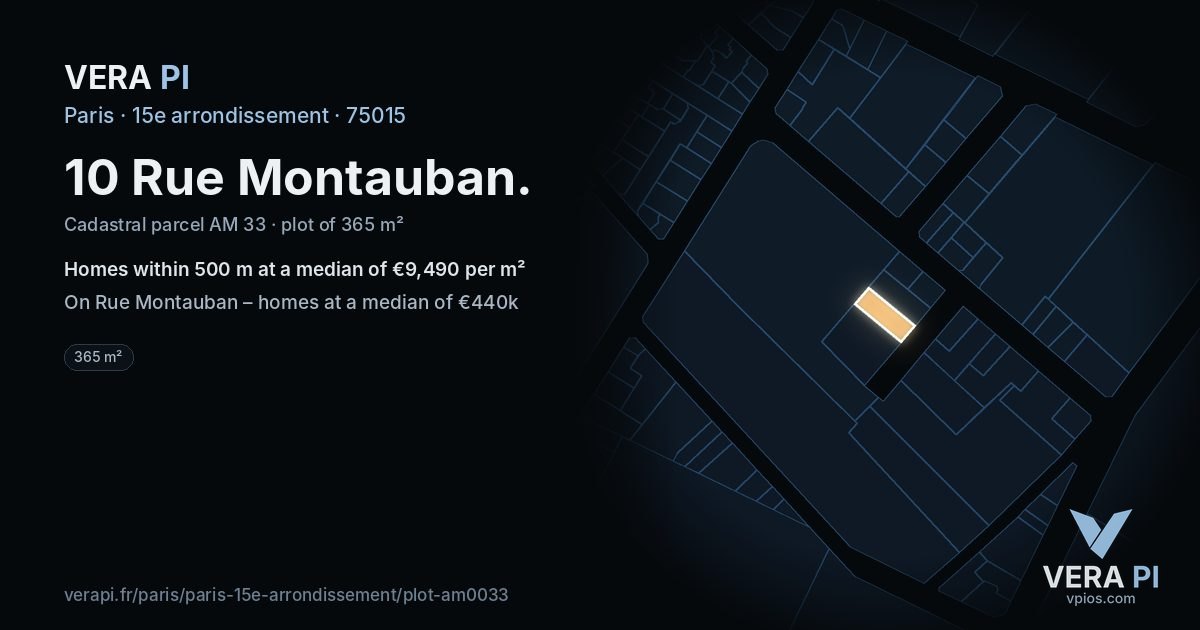 10 Rue Montauban, 15e arrondissement at night – the plot lit, the parcels around coloured by the prices near them