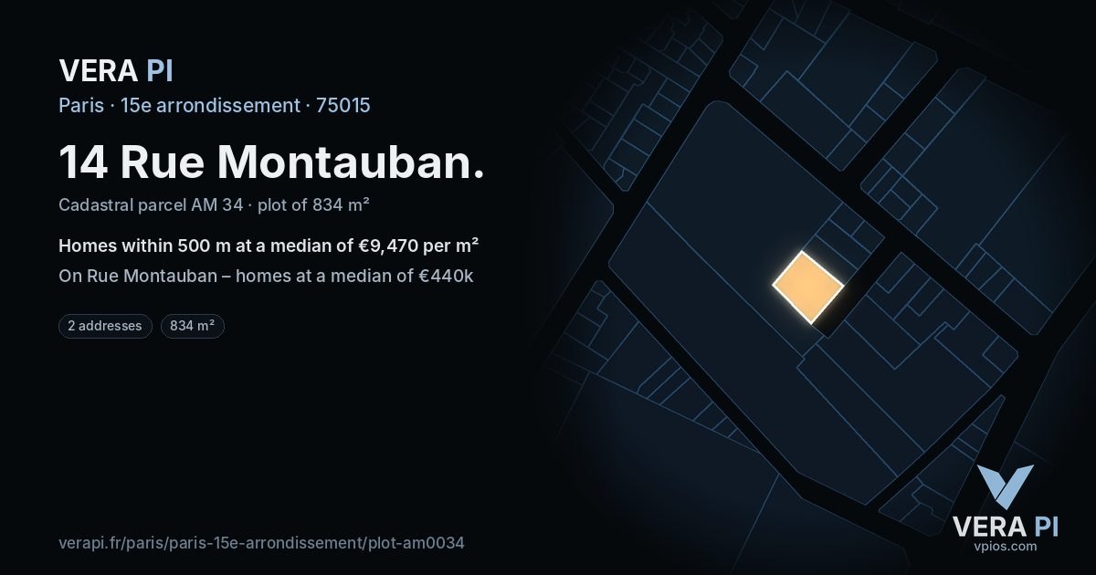 14 Rue Montauban, 15e arrondissement at night – the plot lit, the parcels around coloured by the prices near them