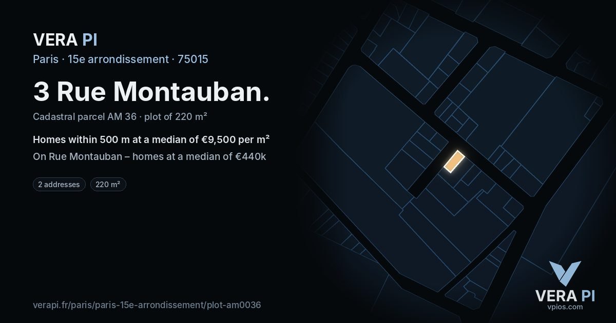 3 Rue Montauban, 15e arrondissement at night – the plot lit, the parcels around coloured by the prices near them