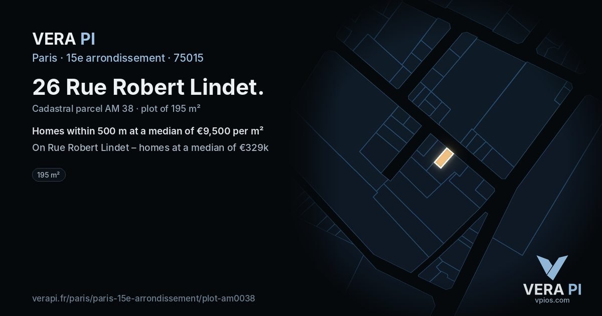 26 Rue Robert Lindet, 15e arrondissement at night – the plot lit, the parcels around coloured by the prices near them