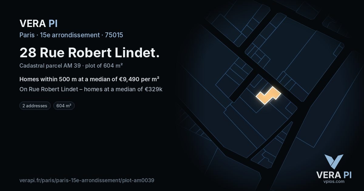 28 Rue Robert Lindet, 15e arrondissement at night – the plot lit, the parcels around coloured by the prices near them