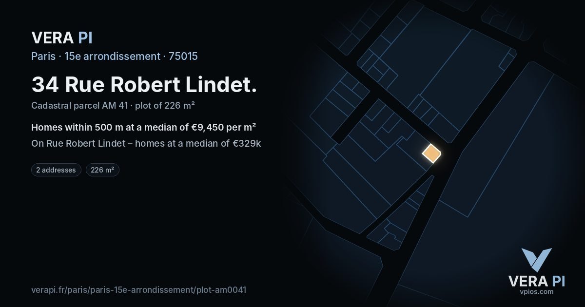 34 Rue Robert Lindet, 15e arrondissement at night – the plot lit, the parcels around coloured by the prices near them