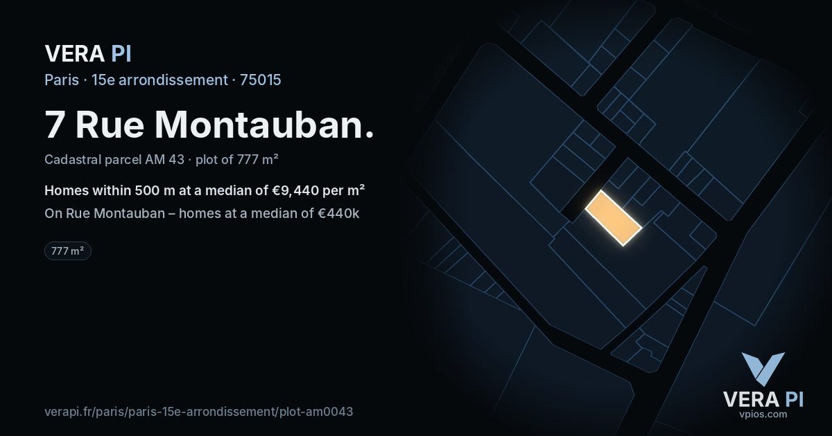 7 Rue Montauban, 15e arrondissement at night – the plot lit, the parcels around coloured by the prices near them