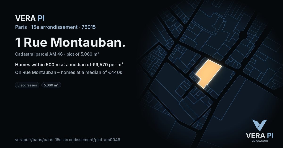 1 Rue Montauban, 15e arrondissement at night – the plot lit, the parcels around coloured by the prices near them