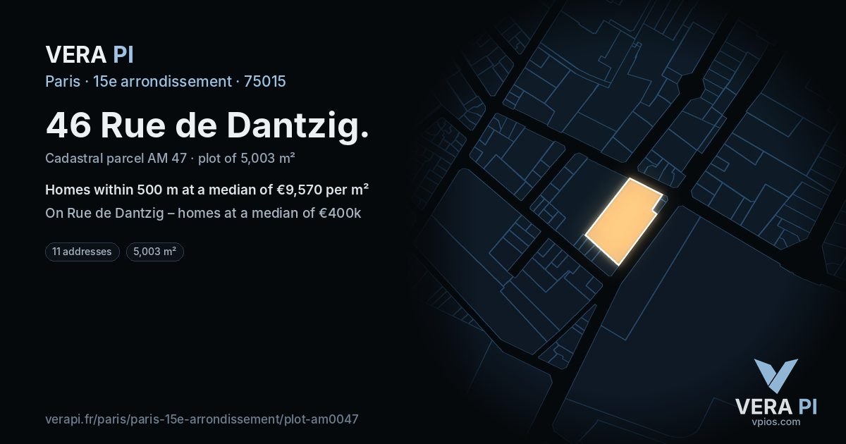 46 Rue de Dantzig, 15e arrondissement at night – the plot lit, the parcels around coloured by the prices near them