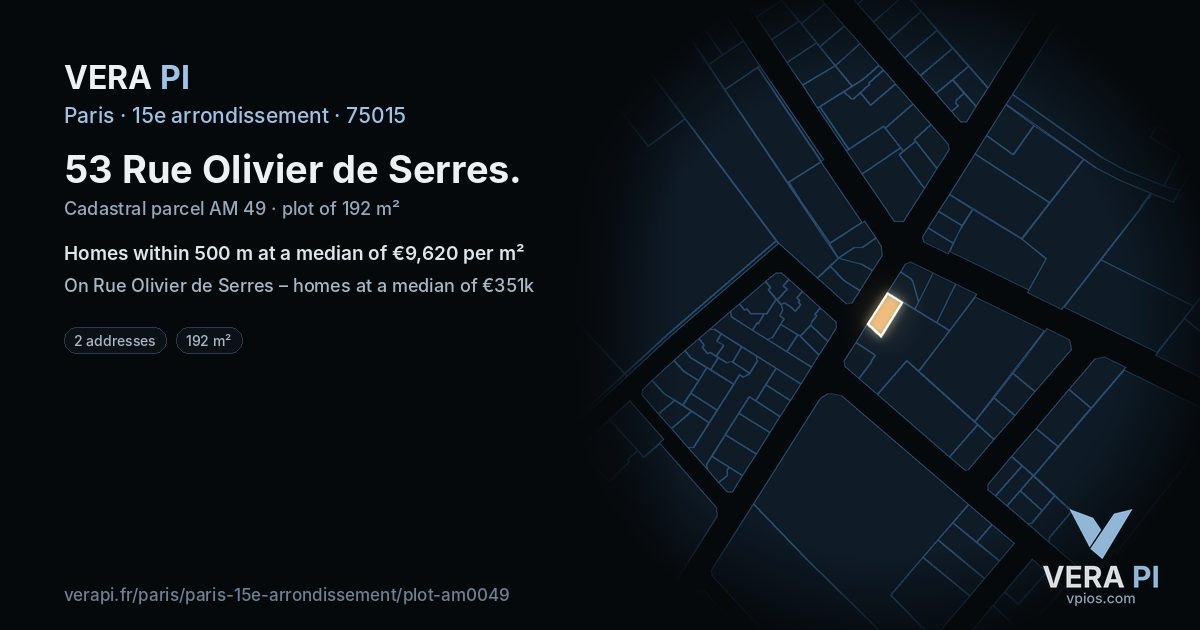 53 Rue Olivier de Serres, 15e arrondissement at night – the plot lit, the parcels around coloured by the prices near them