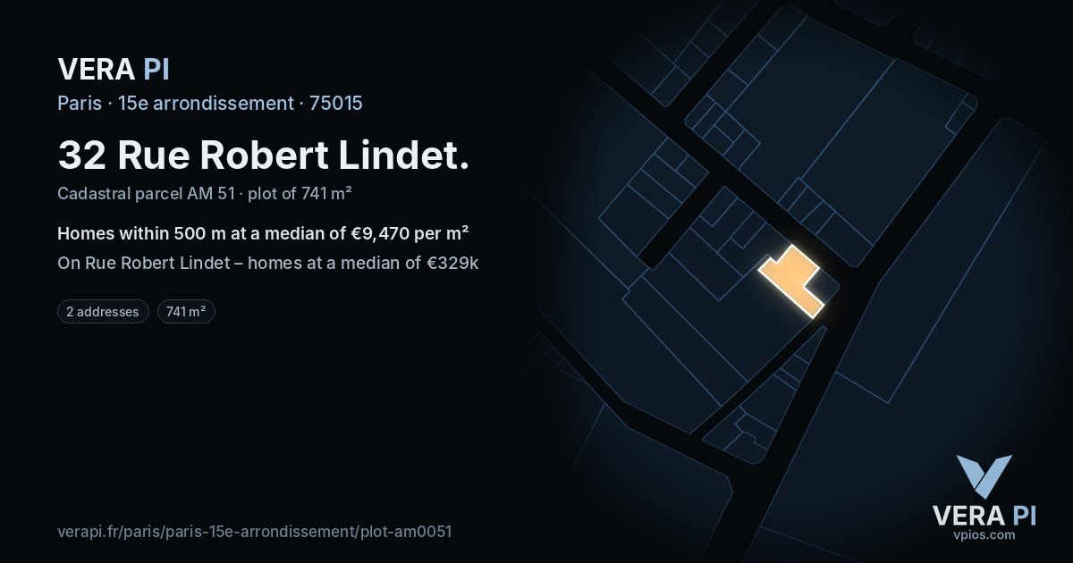 32 Rue Robert Lindet, 15e arrondissement at night – the plot lit, the parcels around coloured by the prices near them