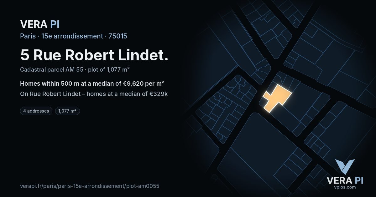 5 Rue Robert Lindet, 15e arrondissement at night – the plot lit, the parcels around coloured by the prices near them