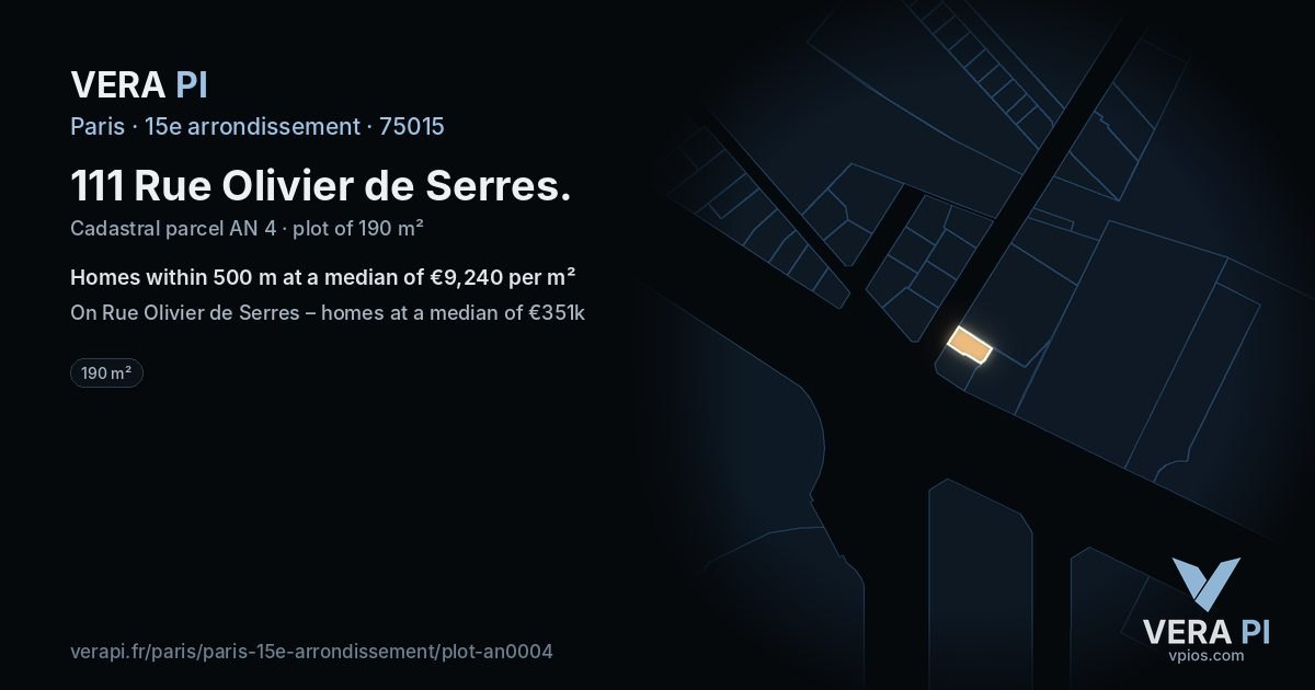 111 Rue Olivier de Serres, 15e arrondissement at night – the plot lit, the parcels around coloured by the prices near them