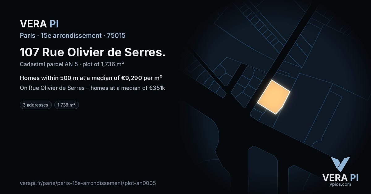 107 Rue Olivier de Serres, 15e arrondissement at night – the plot lit, the parcels around coloured by the prices near them