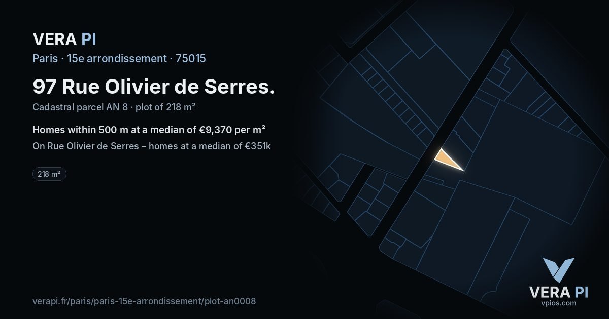 97 Rue Olivier de Serres, 15e arrondissement at night – the plot lit, the parcels around coloured by the prices near them