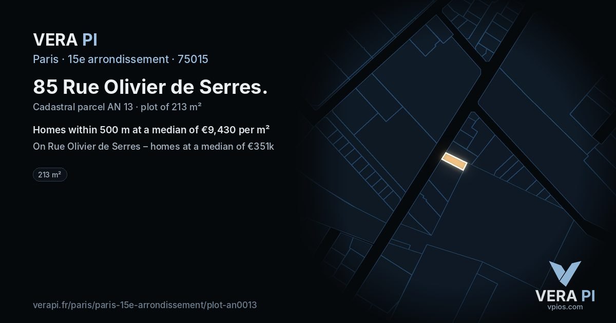 85 Rue Olivier de Serres, 15e arrondissement at night – the plot lit, the parcels around coloured by the prices near them